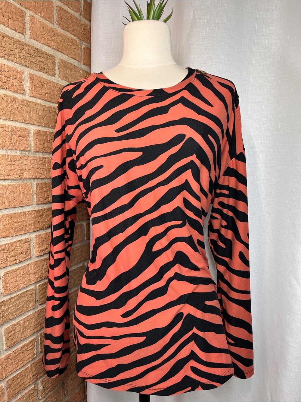 Inner Circle Zebra Print Top Large Coral Black Gold Button Shoulder Soft Stretch
